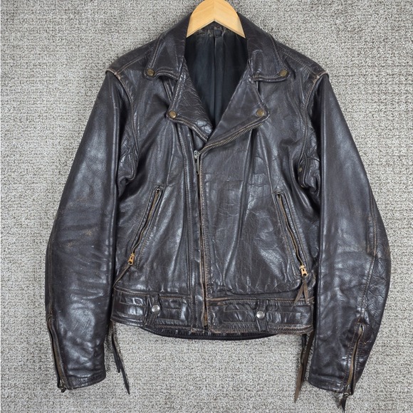 Vintage 60s Langlitz Columbia Brown Leather Motorcycle Jacket‎ Biker Small